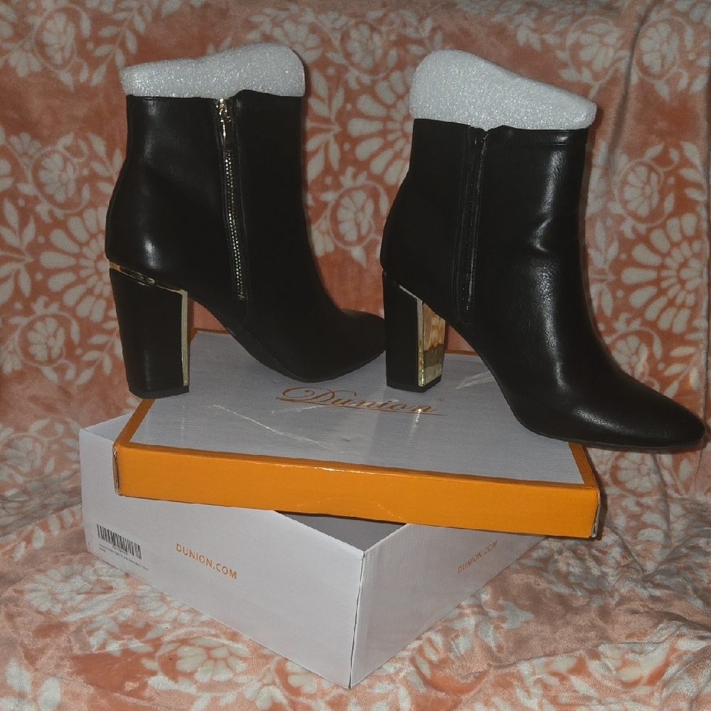 Nica Black Heeled Boots with Gold Detail